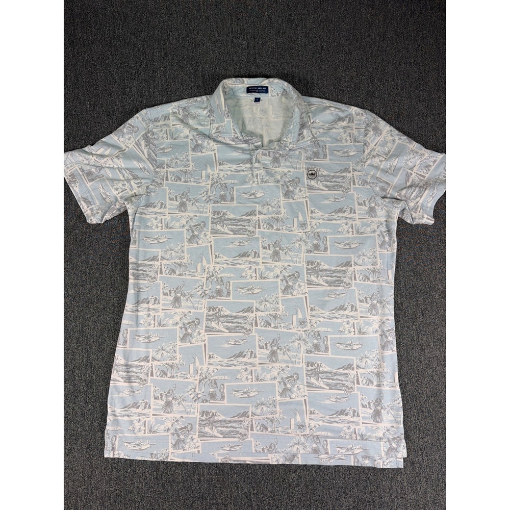 Rare Peter Millar Crown Crafted Mens L Hawaiian Postcard Print Golf Polo Shirt